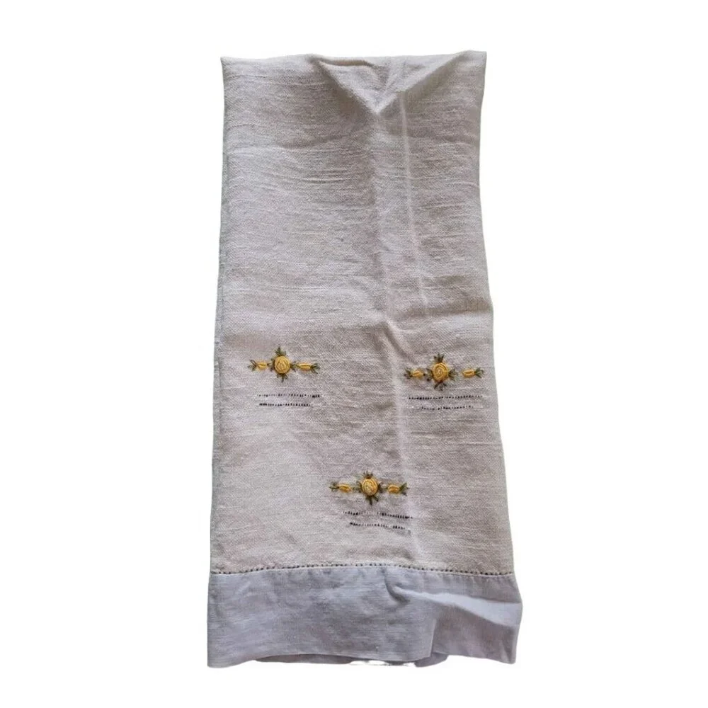 Vintage Hand Embroidered Linen Towel Yellow Rose Trim 16